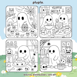 May include: Black and white line art digital download featuring four Halloween-themed illustrations. Each square depicts a friendly ghost in various scenes, including trick-or-treating, baking, and decorating. The text "DIGITAL DOWNLOAD / 300 DPI" is at the bottom.
