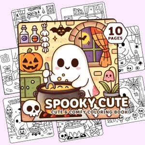 May include: A stack of Halloween-themed coloring books. The cover features a cute ghost stirring a cauldron, with a jack-o'-lantern and the text "Spooky Cute." The coloring book has 10 pages. Surrounding pages show line art illustrations.