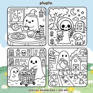 May include: Black and white digital download featuring four Halloween-themed illustrations. One shows a ghost with a witch hat, another a Grim Reaper with a cat and dog, a third a ghost shopping, and the last a ghost gardening. Text includes "DIGITAL DOWNLOAD / 300 DPI".