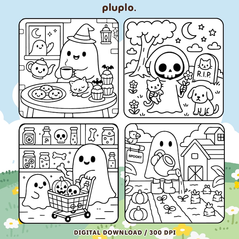 May include: Black and white digital download featuring four Halloween-themed illustrations. One shows a ghost with a witch hat, another a Grim Reaper with a cat and dog, a third a ghost shopping, and the last a ghost gardening. Text includes "DIGITAL DOWNLOAD / 300 DPI".