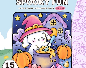 Cute Spooky Fun Coloring Pages PDF PNG -15 Cozy and Comfy with Little Friends, Pumpkins & Bats Coloring Books Instant Digital Download