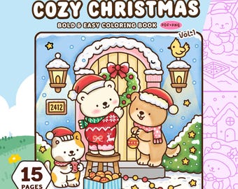 May include: A digital coloring book titled Cozy Christmas Vol. 1 by pluplo. The cover features a cartoon illustration of two bears and a cat decorating a house door with a wreath, lanterns, and ornaments in a snowy setting. Includes 15 pages.