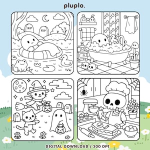 May include: Black and white digital download featuring four Halloween-themed illustrations. One shows a ghost in a pool, another in a bathtub, a third with cats and a ghost trick-or-treating, and the last with a skeleton baking. The text "pluplo" is at the top.