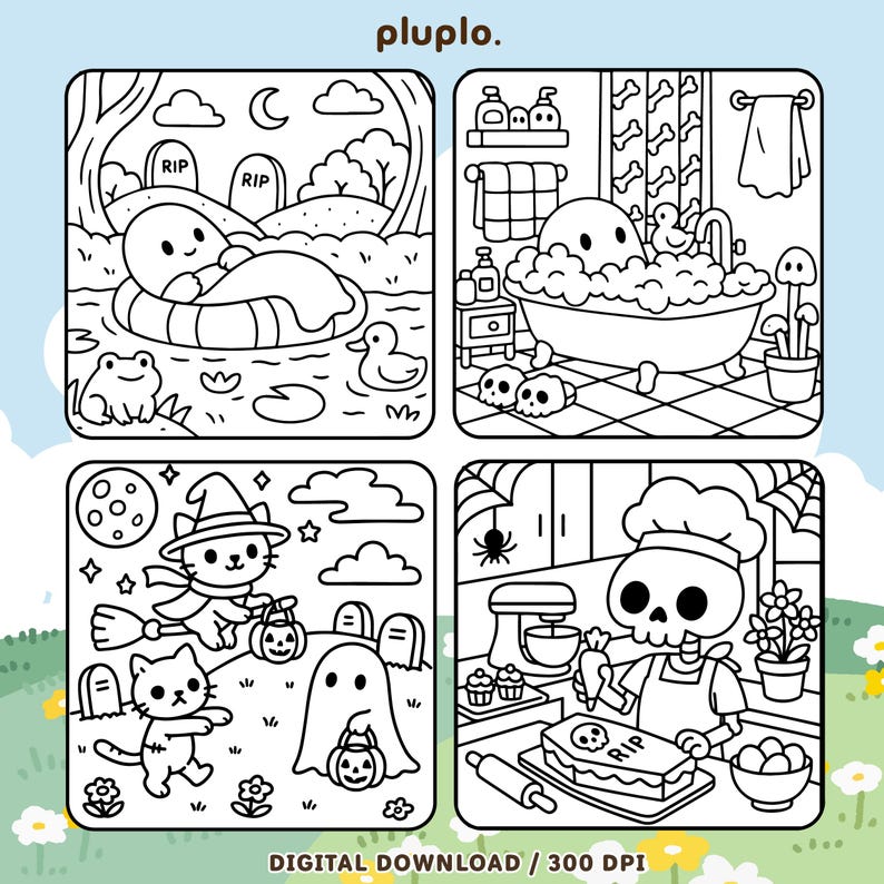 May include: Black and white digital download featuring four Halloween-themed illustrations. One shows a ghost in a pool, another in a bathtub, a third with cats and a ghost trick-or-treating, and the last with a skeleton baking. The text "pluplo" is at the top.