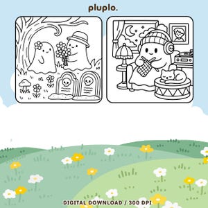 May include: Two black and white illustrations of ghosts. One ghost is holding flowers near tombstones. The other ghost is knitting while listening to music. The text "pluplo." is at the top. The text "DIGITAL DOWNLOAD / 300 DPI" is at the bottom.