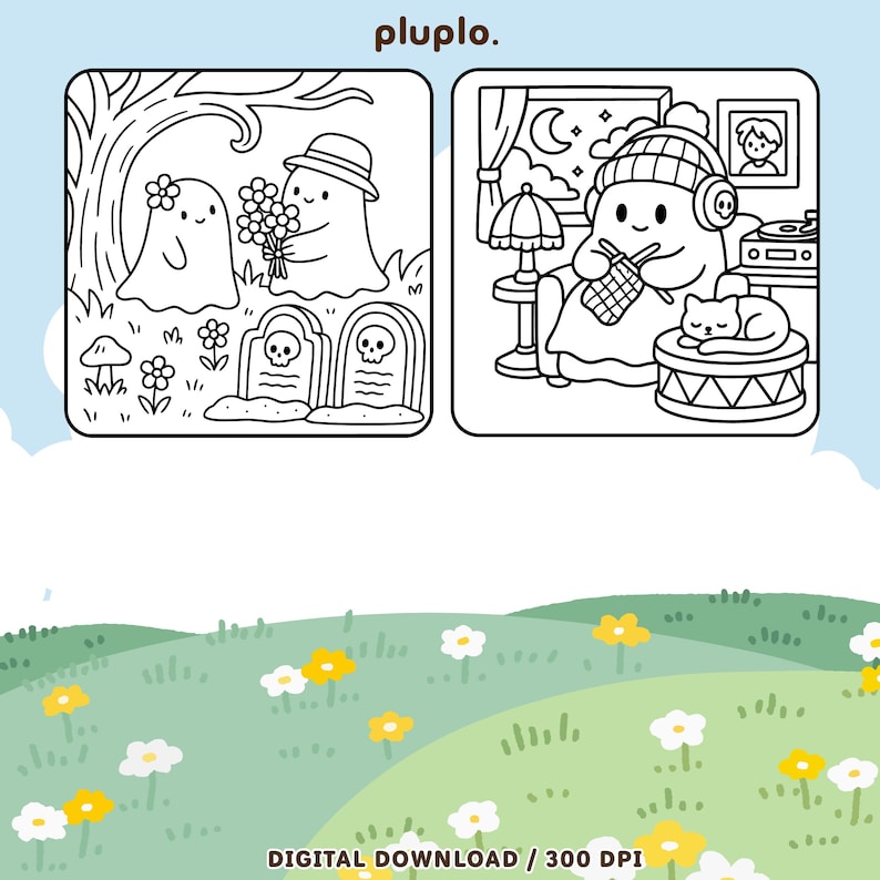 May include: Two black and white illustrations of ghosts. One ghost is holding flowers near tombstones. The other ghost is knitting while listening to music. The text "pluplo." is at the top. The text "DIGITAL DOWNLOAD / 300 DPI" is at the bottom.