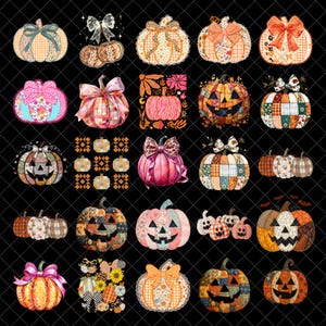 Może przedstawiać: Kolekcja dwudziestu pięciu cyfrowych ilustracji przedstawiających dynie w różne wzory, w tym kratę, kwiaty, panterkę i patchwork, niektóre ozdobione kokardami, a inne wyrzeźbione jako lampiony na czarnym tle.