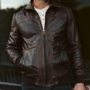 Blouson aviateur vintage en cuir marron effet vieilli pour hommes - Blouson aviateur aviateur - Blouson aviateur rétro