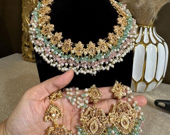 Pakistani gold plated nauratan semi bridal necklace set
