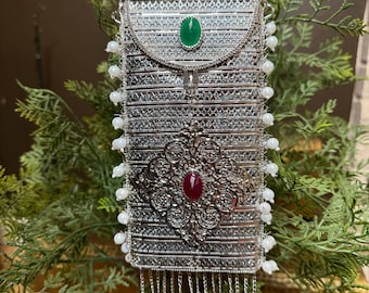 Silver plated mobile bag clutch handbag. Can be tucked in skirts or denims.