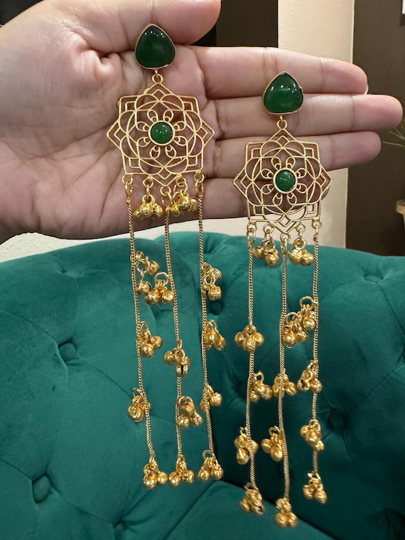 Kashmiri Jhumka Earrings, Heritage Brass Jewelry, Green