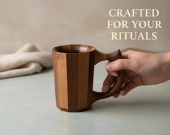 Handcrafted Solid Wood Mug with Handle – Artisan Coffee Cup | Natural Wooden Tankard