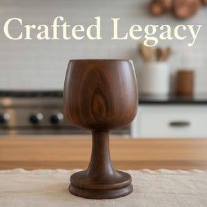 May include: A handcrafted wooden goblet with a wide bowl and a pedestal base. The goblet is made of dark brown wood and has a smooth, polished finish. The text "Crafted Legacy" is displayed above the goblet.