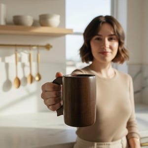 May include: A dark brown wooden mug with a curved handle. The mug is cylindrical and appears to be made of a single piece of wood. The mug is held in front of a kitchen setting.