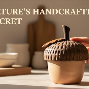 Könnte beinhalten: Handgefertigte Holzbox in Eichelform mit einem dunkelbraunen, geschnitzten Deckel und einem hellbraunen Boden. Der Text "NATURE'S HANDCRAFTED SECRET" steht oben. Eine Hand hält die Box.