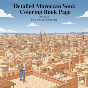 Op de afbeelding: Gedetailleerde Marokkaanse Souk kleurboekpagina met 23 pagina's, US Letter & Square Size. De illustratie toont een gedetailleerd stadsbeeld met een persoon op een dak. De gebouwen zijn in verschillende tinten bruin en beige, onder een blauwe lucht met wolken.