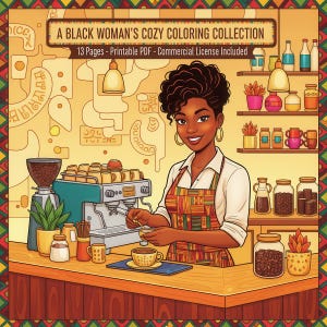 Puede incluir: Portada de un libro para colorear digital titulado "A Black Woman's Cozy Coloring Collection". La ilustración muestra a una mujer negra con un delantal, preparando café. El fondo presenta equipos para hacer café y estantes con frascos y plantas.