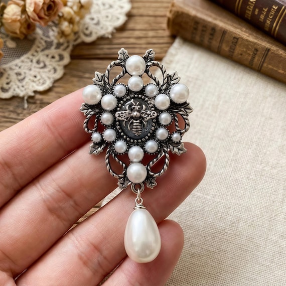 Vintage Bee Brooch, Silver Pearl Pendant Pin, Victorian Baroque Insect Jewelry, Elegant Wedding Lapel Pin, Gift for Mother, 2.2 inches