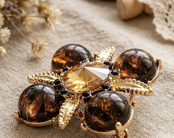 Broche vintage de cristal ámbar, prendedor barroco con hoja de oro, elegante joya de ojo de tigre sintético, accesorio para abrigo y bufanda, regalo para mujer.