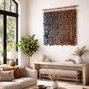 Adorno de pared de gres hecho a mano, arte cerámico en capas, decoración con varillas de roble