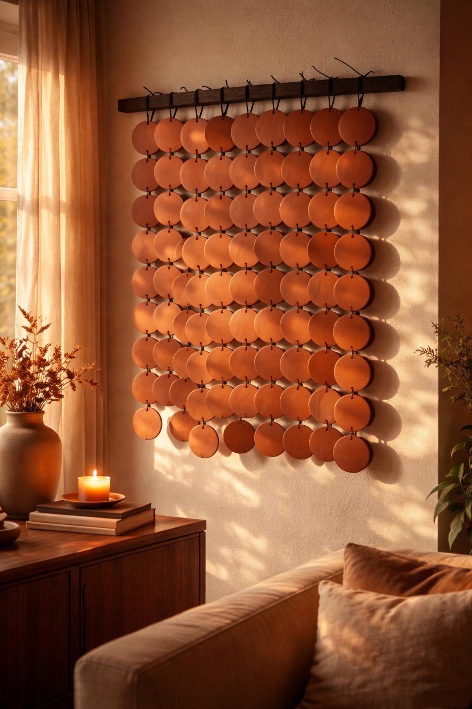 Handmade ceramic wall hanging unglazed clay disc organic wabi sabi