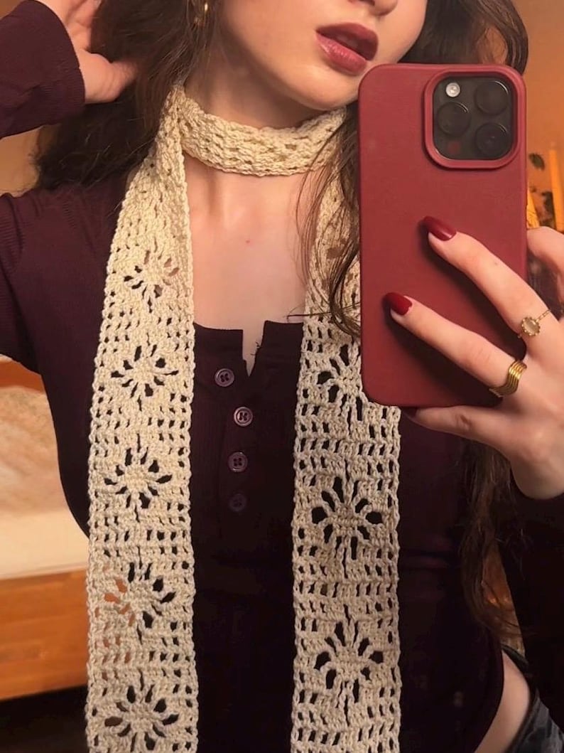 CROCHET SCARF pattern | Flower lace skinny scarf PDF & video tutorial