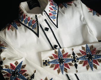 Bestverkochte witte taft shirt western custom rodeo queen, showmanship, horsemanship, western Pleasure showshirt en railjack voor dames.