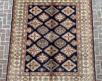 8x10 Navy Blue Super Kazak Rug - Kazak Rug - Large Rug - Afghan Super Kazak Rug - Hand Knotted Rug - Kabul Rug - Hall Rug - Area Rug
