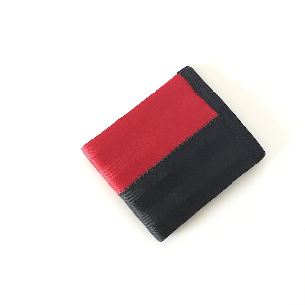 Eco friendly seatbelt wallet in red and black
