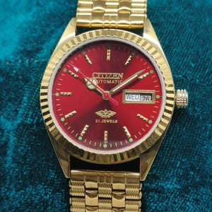 Vintage Citizen Automatic Red Dial Day-Date 21 Jewels Gold Plated Unisex Wrist Watch
