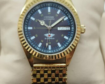 Citizen Automatic Blue Dial Day/Date 21 Jewels Gold Plated Men's Wrist Watch