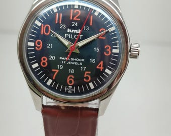 Vintage HMT Pilot Blaues Zifferblatt Para Schock Handbuch Handaufzug Herrenuhr