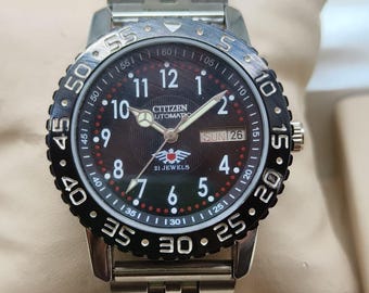 Orologio da polso da uomo Citizen Automatic Sports con quadrante nero, giorno e data, 21 gioielli, in acciaio inossidabile