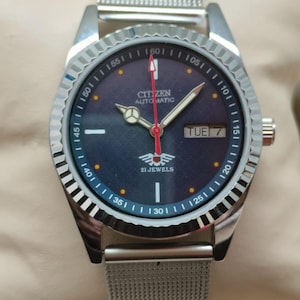 Vintage Citizen Automatic 21 Jewels Men’s Watch Blue Gradient Dial Minimalist Markers  Fixed Bezel Day-Date Mesh Strap