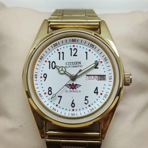 Vintage Citizen Automatic 21 Jewels Men’s Wrist Watch White Dial Day-Date Gold-Tone Case & Bracelet