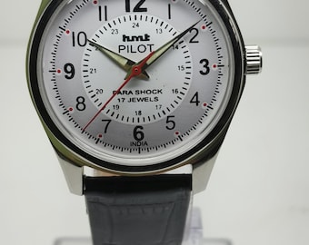 Vintage HMT Pilot Mechanical Watch White Dial Black Strap Classic Stainless Steel Case