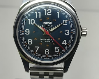 Reloj de piloto HMT vintage: esfera negra, cadena de acero, 17 joyas