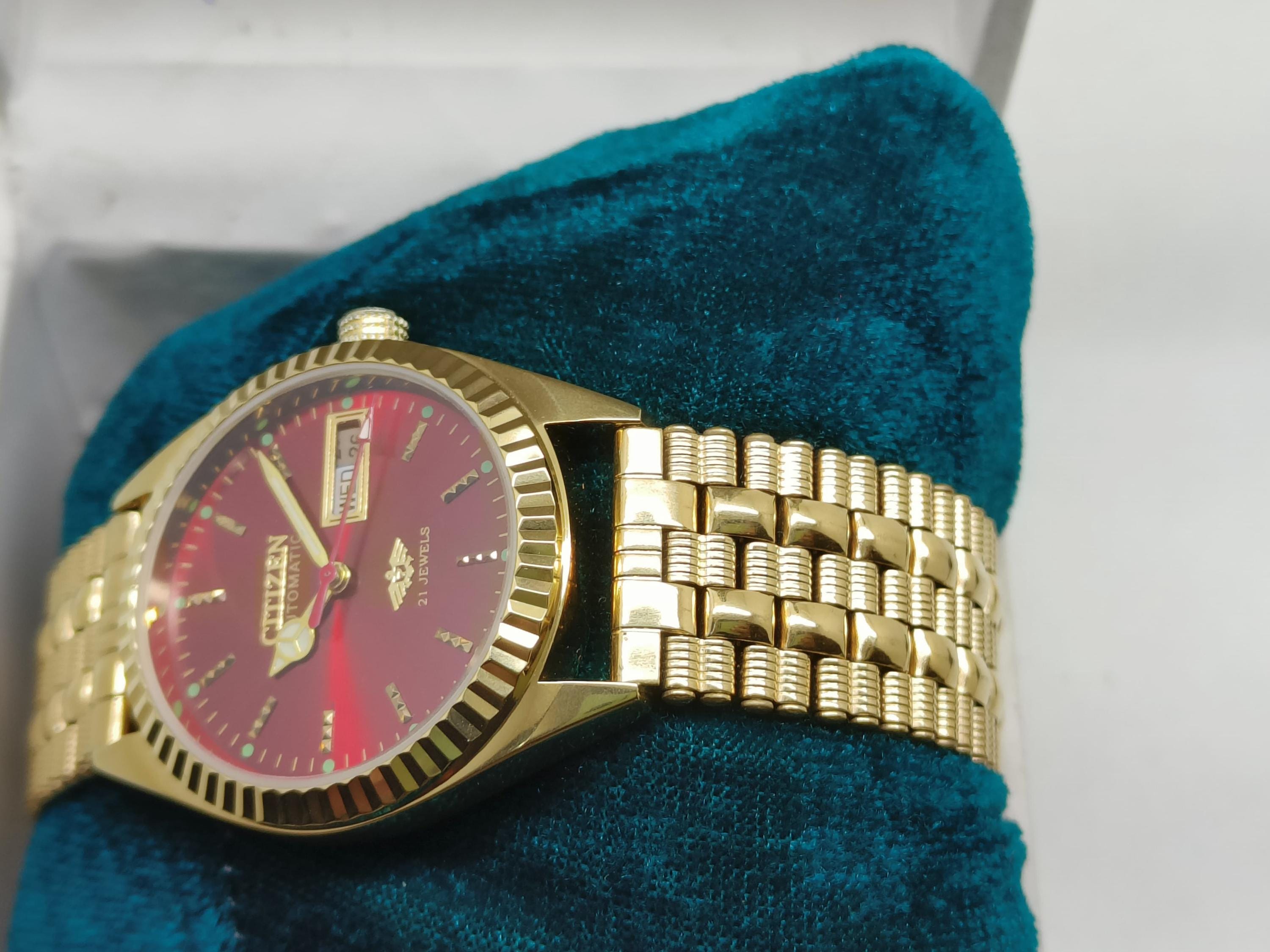 Vintage Citizen Automatic Red Dial Day-date 21 Jewels Gold Plated