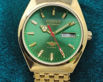 Reloj de pulsera Citizen automático vintage para hombre, esfera verde, día/fecha, 21 joyas, chapado en oro.