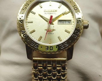 Vintage Citrin Automatik Gold Zifferblatt Armbanduhr mit Day-Date, 21 Jewels