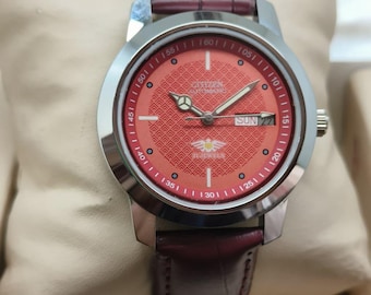 Citizen Automatic Red Dial Day-Date 21 Jewels Brown Strap Men's Wrist Watch