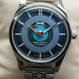 Vintage HMT Pilot Mechanical Watch: Blue Target Dial, Stainless Steel Bracelet