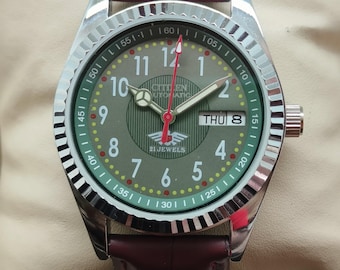 Citizen Automatic Green Dial | 21 Jewels Men’s Watch |  Day-Date | Brown Leather Strap