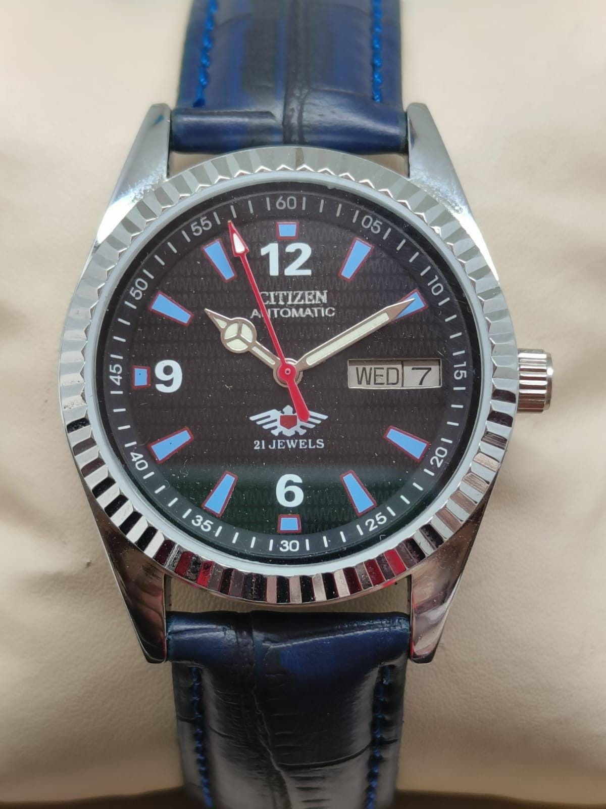 Vintage Citizen Automatic Watch: Black Textured Dial, Blue Accents, Leather Strap