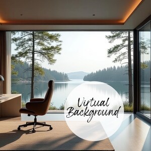 May include: An office interior with a large window offering a view of a lake and trees. The room includes a desk, a brown leather office chair, and a decorative lamp. The image has the text "Virtual Background" overlaid on it.