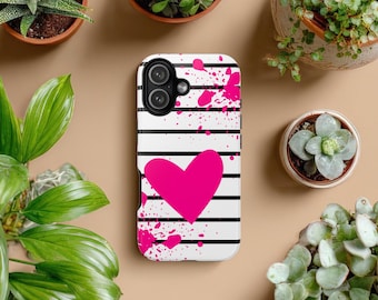 Pink Splatter Heart Phone Case, Black White Stripe Design