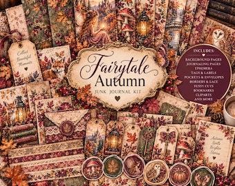 May include: A Fairytale Autumn junk journal kit featuring decorative papers, tags, and labels with illustrations of foxes, owls, mushrooms, lanterns, and castles. The collection includes envelopes, bookmarks, and ephemera with warm fall colors.