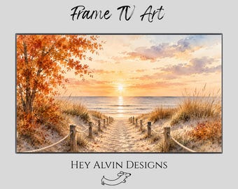 May include: A digital print titled Frame TV Art by Hey Alvin Designs featuring a watercolor landscape of a sandy path leading to the ocean at sunset, framed by autumn trees with orange leaves and tall grass, with a small dog icon below.