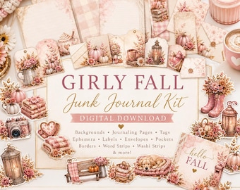 May include: A digital junk journal kit featuring pink and beige fall-themed ephemera, including pumpkins, flowers, lanterns, cozy blankets, and a puppy. The central text reads GIRLY FALL Junk Journal Kit DIGITAL DOWNLOAD with a list of contents.