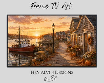 May include: Digital Frame TV Art featuring a harbor scene at sunset with a red fishing boat named Elizabeth J, a wooden dock, a shingled building with autumn decorations, pumpkins, and fall foliage. Text reads Frame TV Art and HEY ALVIN DESIGNS.